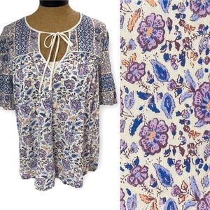Lucky Brand floral short sleeve keyhole neckline gathered blouse, Boho, large‌‍‍